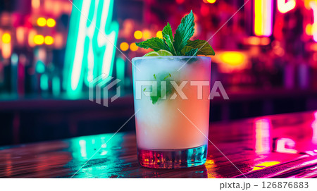 A frosty mojito cocktail with lime and mint on a bar counter, illuminated by vibrant neon lights 126876883