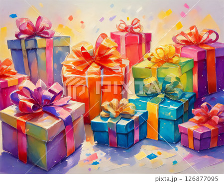 カラフルなプレゼントボックスが沢山並べられている。生成AI画像 126877095