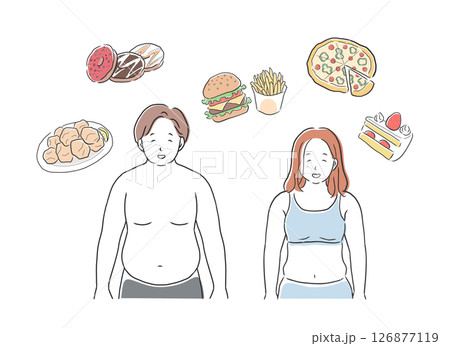食べることが大好きなぽっちゃり体型の男女のイラスト 食べることが大好きなぽっちゃり体型の男女のイラスト 126877119