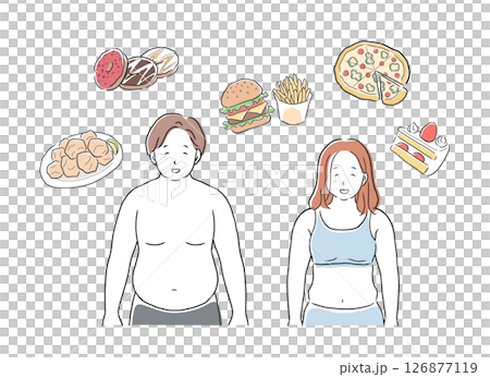 Illustration of a chubby man and woman who loves to eat Illustration of a chubby man and woman who loves to eat 126877119