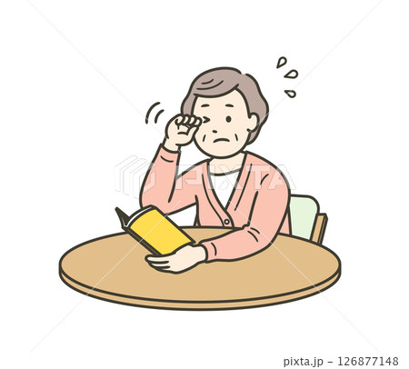かすみ目で目をこすっている高齢女性の上半身イラスト 126877148