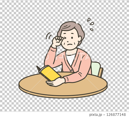 かすみ目で目をこすっている高齢女性の上半身イラスト 126877148