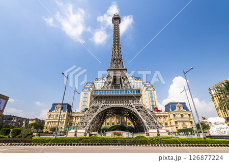 Beautiful view of the Eiffel Tower at Parisian Macao is a casino resort on the Cotai Strip in Macau, China owned by Las Vegas Sands. 126877224