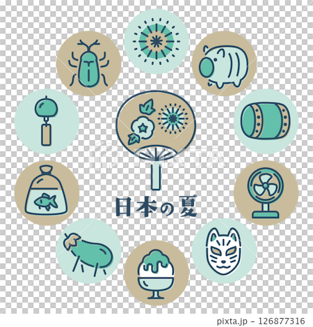 Showa retro Japanese summer round frame logo 126877316