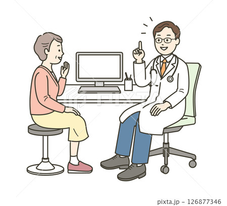 病院で診察を受ける高齢女性と話をする医師の全身イラスト 126877346