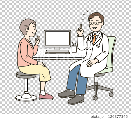 病院で診察を受ける高齢女性と話をする医師の全身イラスト 126877346