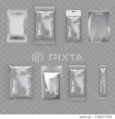 Transparent Blank Packaging Bag Mockup Set - Realistic Pouches. Vector 126877384