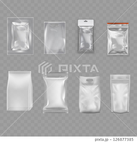 Transparent Blank Packaging Bag Mockup Set - Realistic Pouches. Vector 126877385