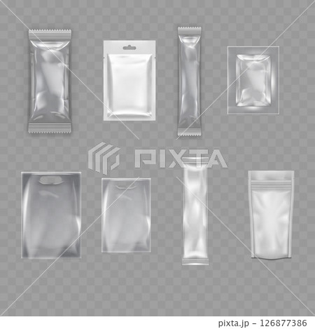 Transparent Blank Packaging Bag Mockup Set - Realistic Pouches. Vector 126877386