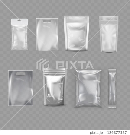 Transparent Blank Packaging Bag Mockup Set - Realistic Pouches. Vector 126877387