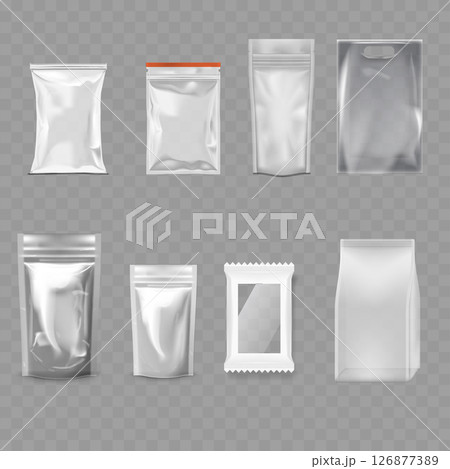 Transparent Blank Packaging Bag Mockup Set - Realistic Pouches. Vector 126877389