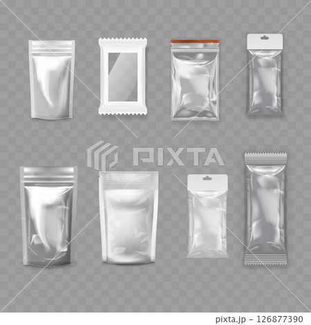 Transparent Blank Packaging Bag Mockup Set - Realistic Pouches. Vector 126877390