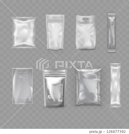 Transparent Blank Packaging Bag Mockup Set - Realistic Pouches. Vector 126877392