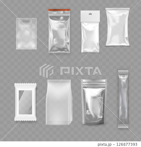 Transparent Blank Packaging Bag Mockup Set - Realistic Pouches. Vector 126877393