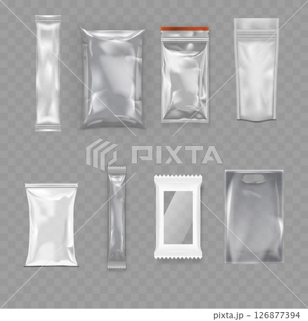 Transparent Blank Packaging Bag Mockup Set - Realistic Pouches. Vector 126877394