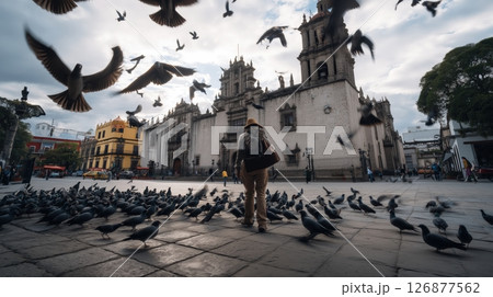 Traveler Among Pigeons in Historic Plaza 126877562