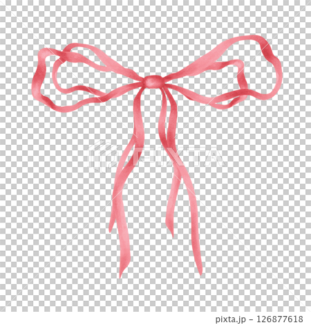 Red bow with long ribbons. Watercolor, marker illustration. Knot for a gift. Hand drawn isolated art. The ribbon is tied in a loose loop for decorating holidays, bouquets for weddings, birthdays. 126877618