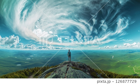 Explorer on Forest Mountain Peak Under Dramatic Sky 126877729