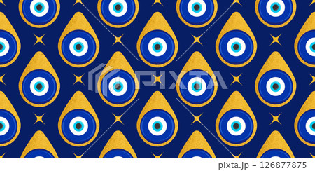 Evil eye Greek seamless pattern. Vector background with blue beads. Turkish nazar - ethnic symbol of protection energy and luck. Mystic amulet with golden ornament. Cute Arabic design Evil eye Greek seamless pattern. Vector background with blue beads. Turkish nazar - ethnic symbol of protection energy and luck. Mystic amulet with golden ornament. Cute Arabic design 126877875