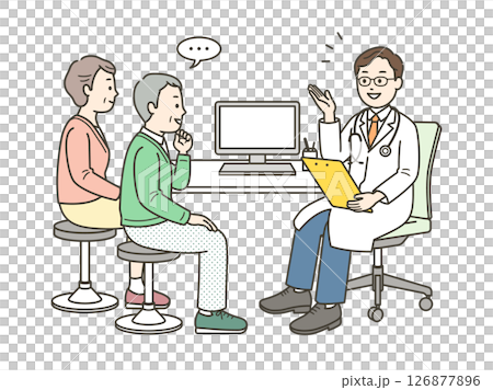 もの忘れ外来で診察を受ける高齢男性と付き添いの妻と医師のイラスト もの忘れ外来で診察を受ける高齢男性と付き添いの妻と医師のイラスト 126877896