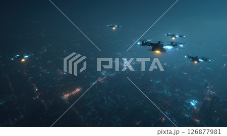 Autonomous Drones Flying Over Futuristic City Autonomous Drones Flying Over Futuristic City 126877981