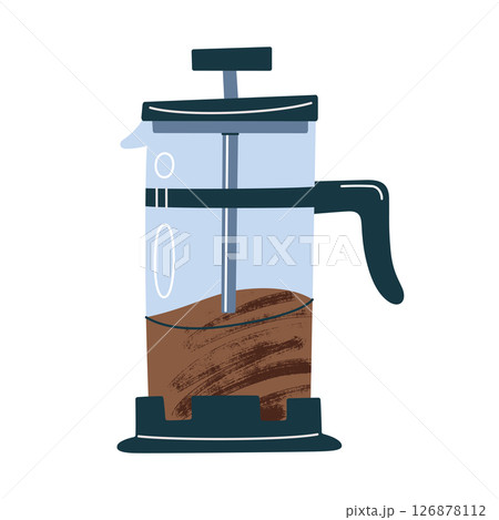 Flat cartoon vector illustration of french press coffee maker, manual brewing device, kitchen accessory, hot beverage preparation, cafe culture, home use tool icon, barista equipment, colored clipart 126878112