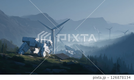 Robotic Units Among Wind Turbines in Foggy Mountains 126878134