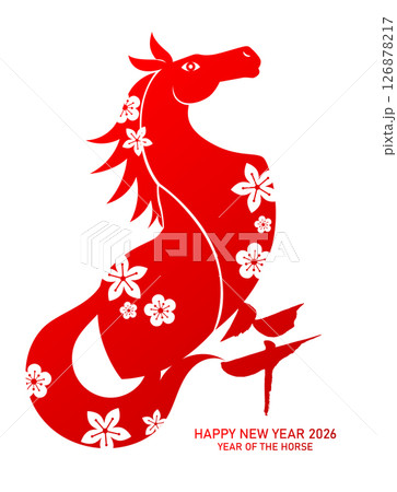 Stylized chinese zodiac horse in paper cut style with plum blossoms pattern Stylized chinese zodiac horse in paper cut style with plum blossoms pattern 126878217