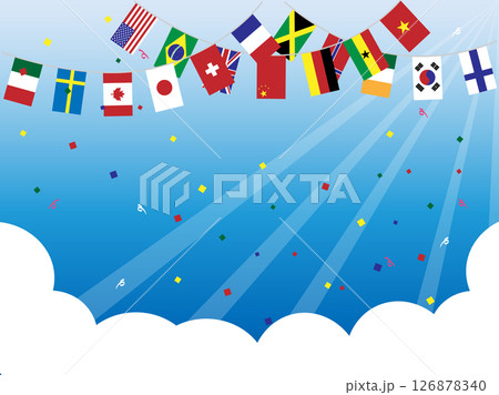 青空になびく、世界の国旗の運動会背景 126878340