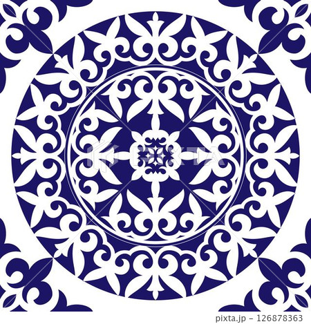 Seamless pattern in traditional style Portuguese tiles. Luxury blue and white seamless square pattern with decorative circular damask ornament, arabesque, floral elements. Ornament for ceramic tile. Seamless pattern in traditional style Portuguese tiles. Luxury blue and white seamless square pattern with decorative circular damask ornament, arabesque, floral elements. Ornament for ceramic tile. 126878363