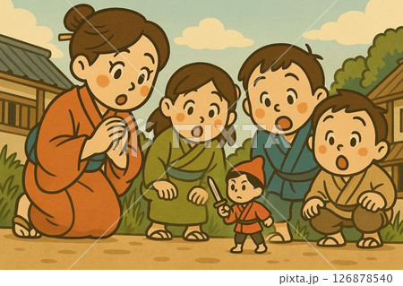 町娘や子どもたちが小さな一寸法師を驚きながら見つめる 町娘や子どもたちが小さな一寸法師を驚きながら見つめる 126878540