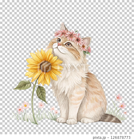 Cute cat wearing a crown of flowers clipart watercolor white background  Cute cat wearing a crown of flowers clipart watercolor white background  126878773