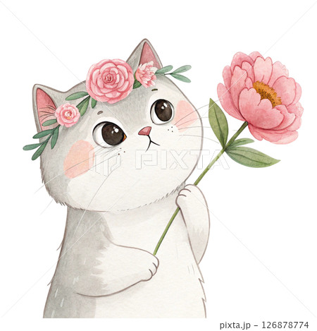 Cute cat wearing a crown of flowers clipart watercolor white background  126878774