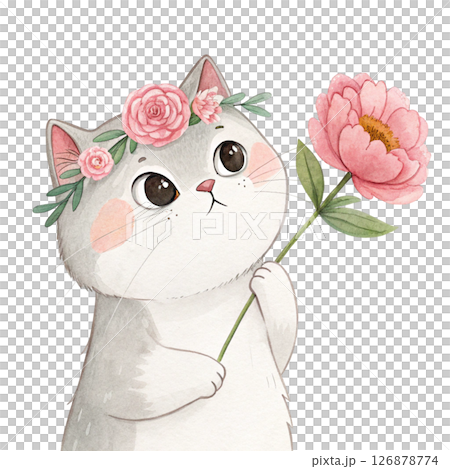 Cute cat wearing a crown of flowers clipart watercolor white background  126878774