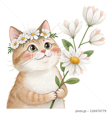 Cute cat wearing a crown of flowers clipart watercolor white background  126878779