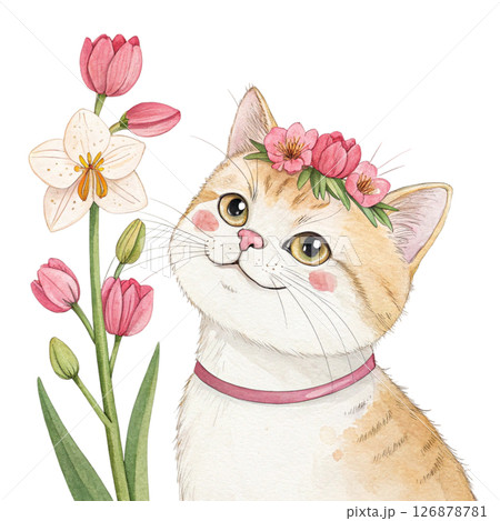 Cute cat wearing a crown of flowers clipart watercolor white background  126878781