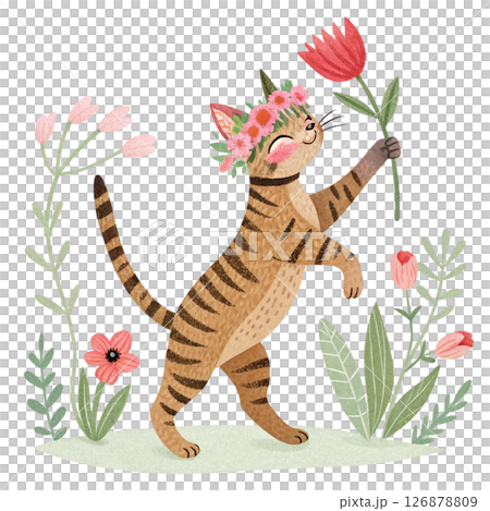 Cute cat wearing a crown of flowers clipart watercolor white background  126878809