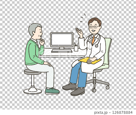 Full-body illustration of a doctor talking to an elderly man undergoing a medical examination at a hospital Full-body illustration of a doctor talking to an elderly man undergoing a medical examination at a hospital 126878884