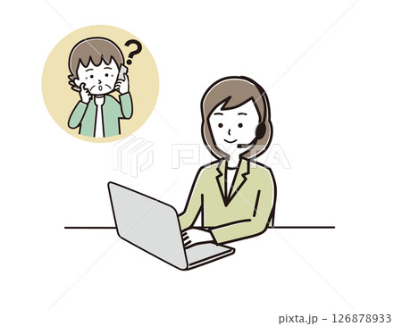 若い女性オペレーターが、パソコンを見ながらシニア女性の質問に対応する様子 若い女性オペレーターが、パソコンを見ながらシニア女性の質問に対応する様子 126878933