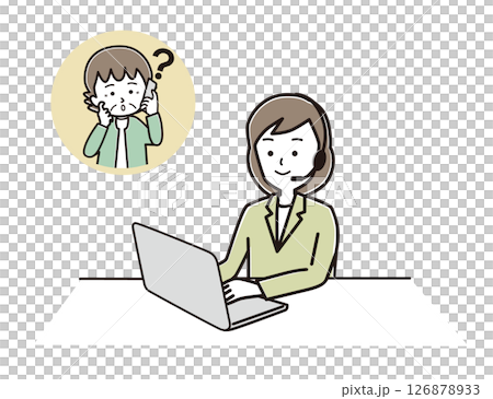 若い女性オペレーターが、パソコンを見ながらシニア女性の質問に対応する様子 若い女性オペレーターが、パソコンを見ながらシニア女性の質問に対応する様子 126878933