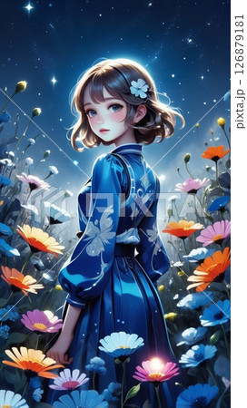 夜の花畑で一人たたずむ女の子 126879181