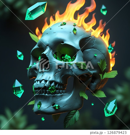 Mystic Skull with Emerald Flames and Floating Crystals 27-2 126879423
