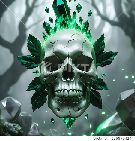 Mystic Skull with Emerald Flames and Floating Crystals 27-1 126879424