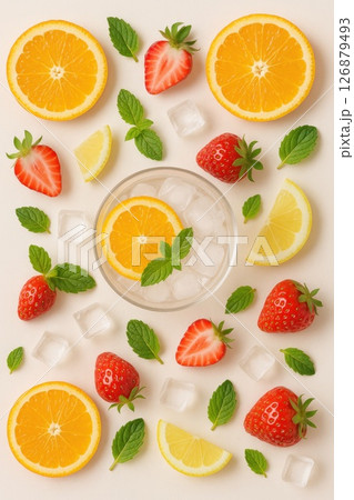 Flat lay of citrus and strawberry drink with ice cubes and mint leaves surrounded by fresh fruit on a white background. The image represents freshness, summer hydration and vibrant healthy ingredients 126879493