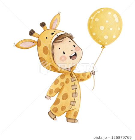Kawaii Kids in Animal Costumes  Party Theme Clipart Watercolor white background 126879769
