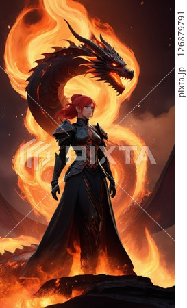 炎を操るドラゴンとそれを従える女戦士 炎を操るドラゴンとそれを従える女戦士 126879791