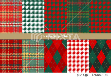 クリスマスカラーギンガムチェック・アーガイルチェック・タータンチェックシームレス背景ベクターイラスト クリスマスカラーギンガムチェック・アーガイルチェック・タータンチェックシームレス背景ベクターイラスト 126880040