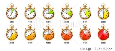 Realistic classic stopwatch. Shiny golden metal chronometer, time counter with dial. Colorful countdown timer showing minutes, seconds. Time measurement for sport, start, finish. Vector illustration 126880222