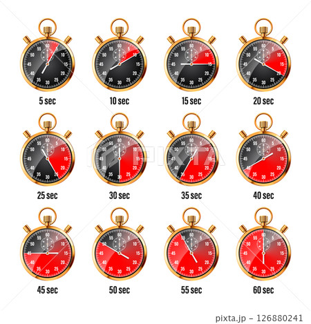 Realistic classic stopwatch. Shiny golden metal chronometer, time counter with dial. Red countdown timer showing minutes and seconds. Time measurement for sport, start, finish. Vector illustration 126880241
