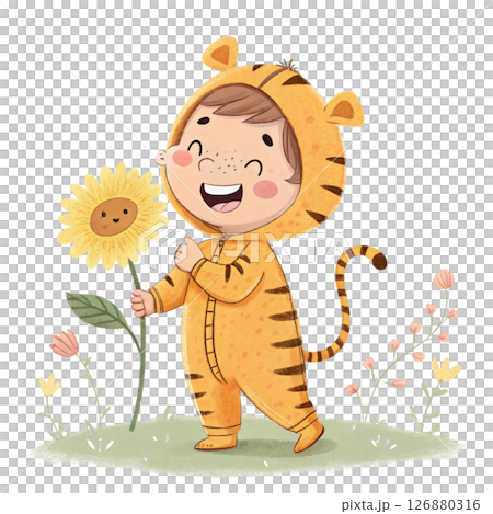 Children in cute animal costumes and holding flowers Clipart Watercolor 126880316